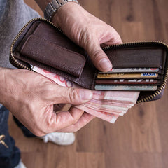 Genuine Leather Mens Cool billfold Leather Wallet Men Small Zipper Wallets Bifold for Men - iwalletsmen