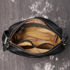 Black Cool Leather 10 inches Small Zipper Messenger Bag Vertical Shoulder Bag Dark Brown Side Bag For Men - iwalletsmen