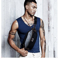 Casual Black Canvas Leather Fanny Pack Men's Chest Bag Hip Bag Waist Bags For Men - iwalletsmen