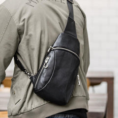 Cool Mens Black Leather Sling Bag Chest Bag Soft Black One Shoulder Backpack Sling Backpack for men - iwalletsmen