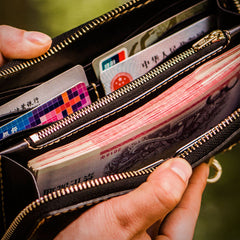 Handmade Leather Mens Chain Chinese Handwriting Biker Wallet Cool Leather Wallet Long Phone Wallets for Men