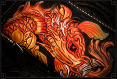 Handmade Leather Tooled Carp Mens Chain Biker Wallet Cool Leather Wallet Long Phone Wallets for Men