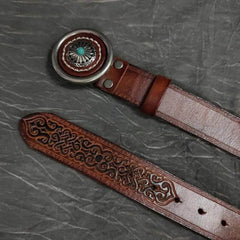 Badass Mens Brown Leather Tooled Rivet Rock Punk Belt Motorcycle Belt Leather Belt For Men - iwalletsmen