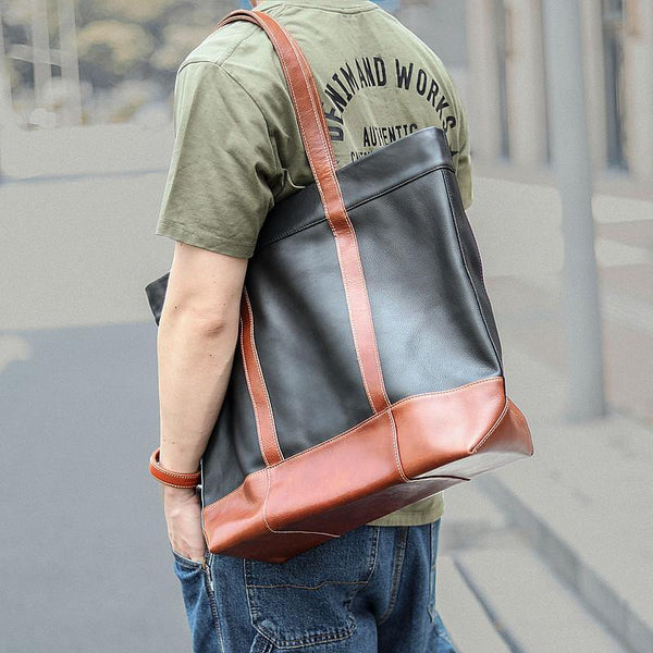 Black Vintage Leather Men Womens Large Tote Bag Brown Shoulder Tote Bag Shopper Tote For Men - iwalletsmen
