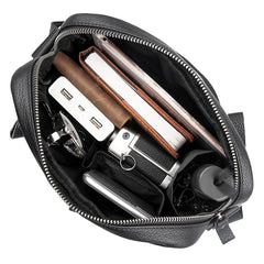Black Cool Leather Large Zipper Messenger Bag Vertical Brown Side Bag For Men - iwalletsmen