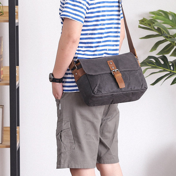 Canvas Leather Mens DSLR Camera Bag Side Bag Green Small Messenger Bag for Men - iwalletsmen