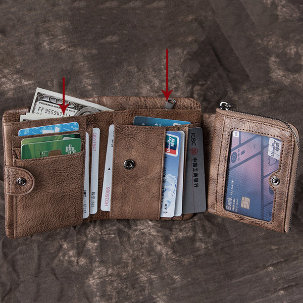 Cool Leather Brown Men's Zipper Blue billfold Small Wallet Trifold Wallet Card Wallet For Men - iwalletsmen