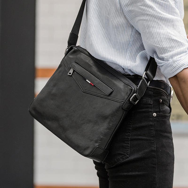 Black Cool Leather Mens 10 inches Side Bag Messenger Bags Black Postman Bags Courier Bag for Men - iwalletsmen