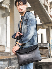 Black Casual Leather Mens 10 inches Side Bag Postman Bag Black Messenger Bags Courier Bag for Men - iwalletsmen