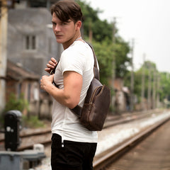 Casual Dark Brown Leather Mens Sling Pack Sling Bags Chest Bags One Shoulder Backpack for Men - iwalletsmen
