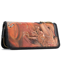 Handmade Leather Tooled Chinese Dragon Tiger Mens Chain Biker Wallet Cool Leather Wallet Long Clutch Wallets for Men