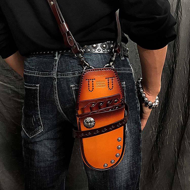 Black Badass Mens Leather Waist Bag Side Bag Red Hairstylist Tool Barber Pouch Blue Scissor Case for Men - iwalletsmen