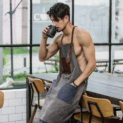 Vintage Canvas Leather Mens Womens Gray Craftsman Apron Cafe Staff Apron Work Apron for Men - iwalletsmen