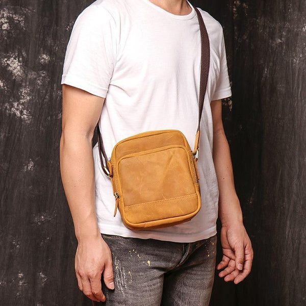 Tan LEATHER MENS Small Vertical SIDE BAG COURIER BAG Vertical MESSENGER BAG FOR MEN - iwalletsmen