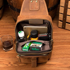 Cool Brown Leather Mens Sling Pack Sling Bag Crossbody Pack One Shoulder Pack Chest Bag for men - iwalletsmen