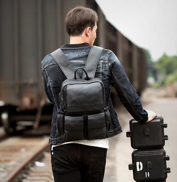 Cool Black Mens Leather 14 inches Computer Backpacks Cool Travel Backpacks School Backpack for men - iwalletsmen