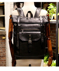 Black Mens Leather 15 inches Large School Laptop Backpack Brown Travel Backpacks for Men - iwalletsmen