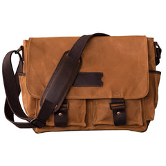Canvas Leather Mens Large Brown Side Bag 14'' Khaki Messenger Bag Brown Postman Bag For Men - iwalletsmen
