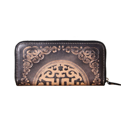 Handmade Genuine Leather Mens Cool Tooled Long Leather Wallet Bifold Clutch Wallet for Men
