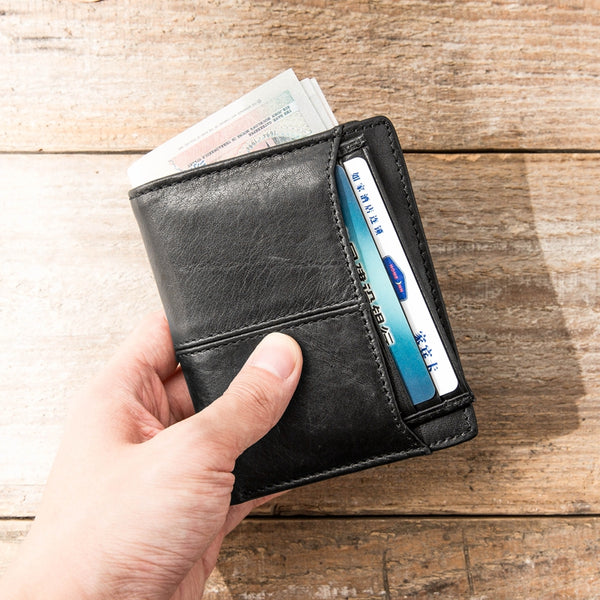 Black Cool Leather Mens Slim Small Wallets Bifold Vintage billfold Wallet Card Wallet for Men - iwalletsmen