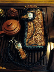 Handmade Mens Cool Tooled Floral Leather Chain Wallet Biker Trucker Wallet with Chain - iwalletsmen