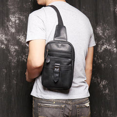 Black Leather Sling Backpack Sling Bag Chest Bag One shoulder Backpack Black Sling Pack For Men - iwalletsmen