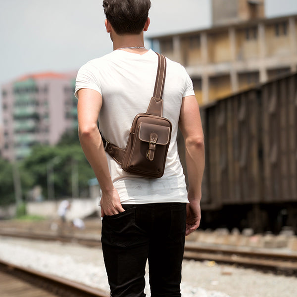 Cool Brown Leather One Shoulder Backpack Sling Bags Crossbody Pack for Men - iwalletsmen