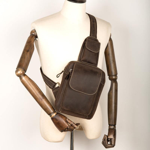Cool Brown Leather Mens One Shoulder Backpack Sling Bag Brown Crossbody Pack Chest Bag for men - iwalletsmen