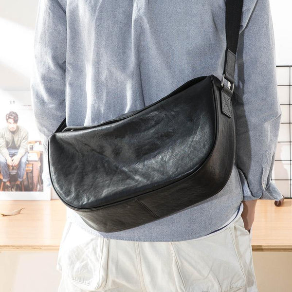 Black Cool Leather Mens 12 inches Side Bag Messenger Bags Casual Bicycle Bags for Men - iwalletsmen