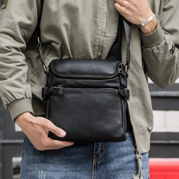Black Soft Leather Mens 10 inches Vertical Postman Bag Black Messenger Bags Side Bag for Men - iwalletsmen