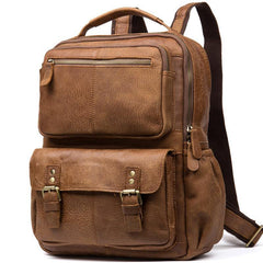 Casual Brown Leather Mens 14 inches Travel School Backpacks Computer Backpack for Men - iwalletsmen