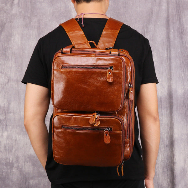 Cool Leather Black Mens Large Brown Travel Backpack 14inch Dark Brown Briefcase Backpack Laptop Backpack for Men - iwalletsmen
