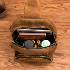 Cool Brown Leather Mens One Shoulder Backpack Sling Bags Crossbody Pack Chest Bag for men - iwalletsmen