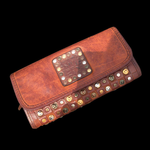 Handmade Genuine Rock Punk Leather Mens Cool Long Wallet Wristlet Bifold Clutch Wallet for Men