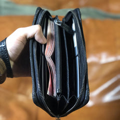 Handmade Genuine Leather Mens Cool Long Leather Wallet Biker Wallet Zipper Clutch Wristlet Wallet for Men