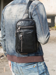 Black Casual Leather Mens 8 inches Sling Bag Chest Bag Black One Shoulder Backpack Phone Bag for Men - iwalletsmen