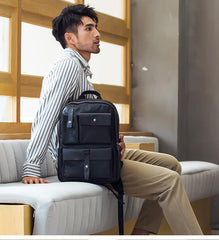 Casual Black Mens Leather School Backpacks Travel Backpacks 14-inch Laptop Backpack for men - iwalletsmen