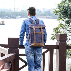 Waxed Canvas Leather Mens 15‘’ Gray College Backpack Travel Backpack Hiking Backpack for Men - iwalletsmen