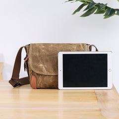 Wax Canvas Leather Mens 10'' Gray Side Bag Courier Bag Khaki Messenger Bag for Men - iwalletsmen