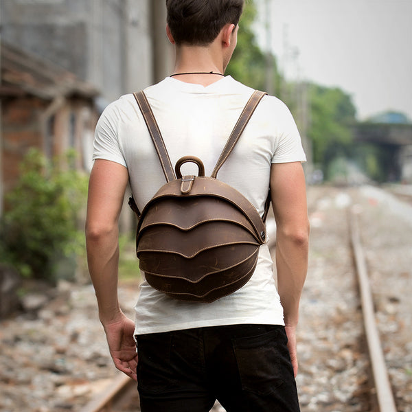 Dark Brown Unique Mens Leather 10-inch Small Backpacks Cool Beetle Backpacks Round Backpack for men - iwalletsmen
