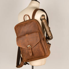 Casual Brown Large Leather Mens 15 inches Travel Backpack Computer Backpack School Backpack for Men - iwalletsmen