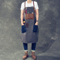 Canvas Leather Mens Womens Blue Craftsman Apron Cafe Staff Apron Work Apron for Men - iwalletsmen