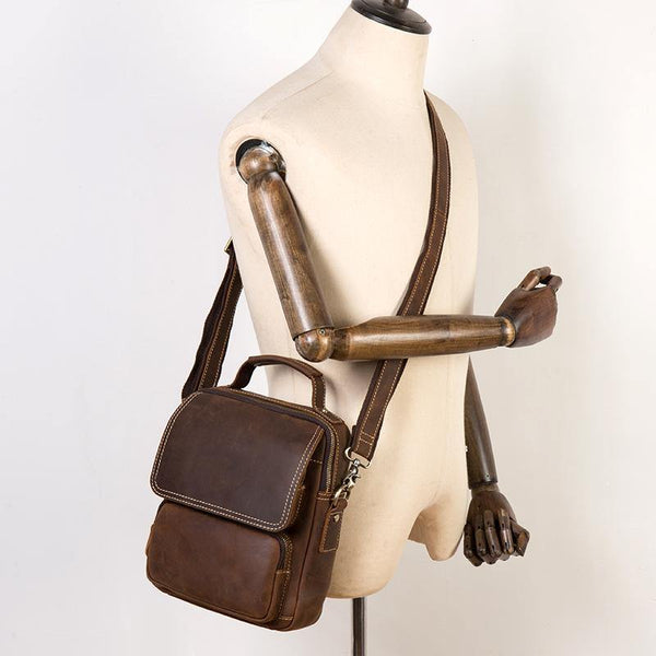 Dark Brown Leather 10 inches Vertical Messenger Bag Cool Side Bag Courier Bag Postman Bag for Men - iwalletsmen