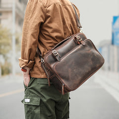 Vintage Dark Brown Mens Leather Briefcase Work Handbag Brown 15'' Computer Briefcase For Men - iwalletsmen