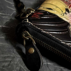 Badass Black Handmade Leather Men's Long Biker Wallet Coffee Tooled Carp Zipper Chain Wallets For Men - iwalletsmen