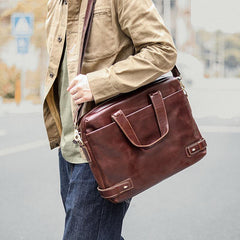 Vintage Maroon Mens Leather Briefcase Work Handbag Brown 14'' Laptop Briefcases For Men - iwalletsmen