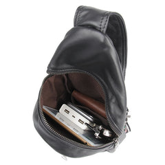 Badass Black Leather Men's 8 inches Sling Bag Chest Bag One shoulder Backpack Sling Backpack For Men - iwalletsmen