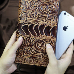 Handmade Leather Mens Tooled Floral Cool Zipper Phone Travel Long Wallet Card Holder Card Slim Clutch Wallets for Men