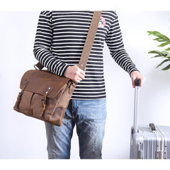Casual Canvas Leather Mens Khaki Handbag 14'' Side Bag Gray Messenger Bag For Men - iwalletsmen