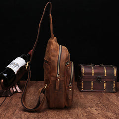 Cool Vintage Brown Leather Chest Bag Sling Bags Crossbody Sling Bag One Shoulder Backpack For Men - iwalletsmen